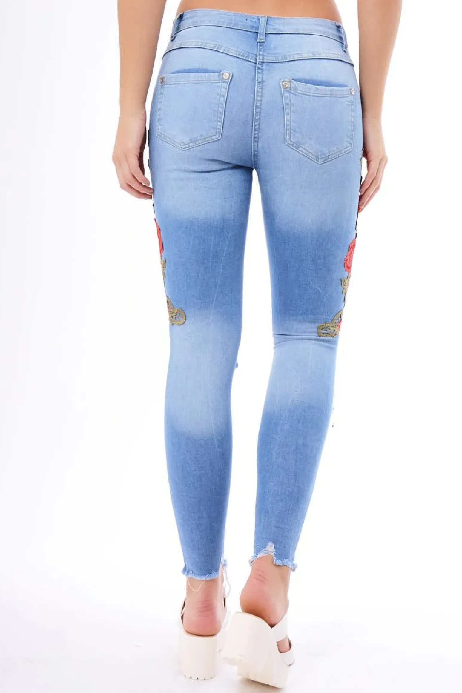 Rebellious Fashion Light Blue Floral Embroidered Ripped Knee Skinny Jeans - Myah