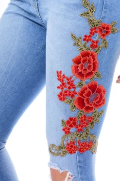 Rebellious Fashion Light Blue Floral Embroidered Ripped Knee Skinny Jeans - Myah