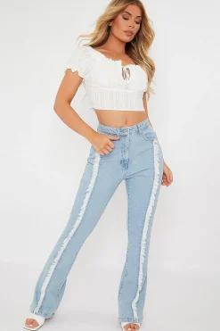 Rebellious Fashion Light Blue Frayed Seam Flare Jeans - Ava