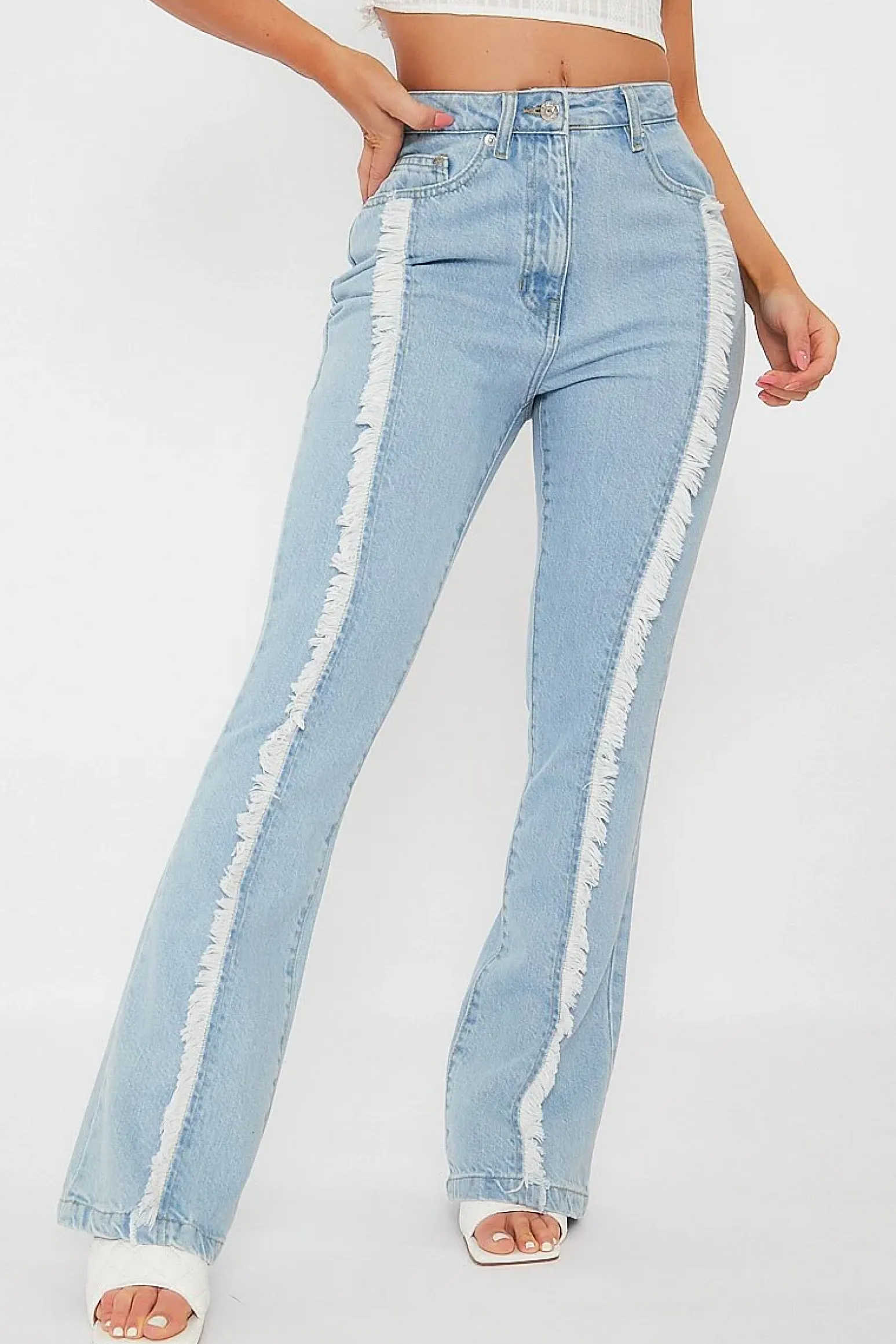 Rebellious Fashion Light Blue Frayed Seam Flare Jeans - Ava