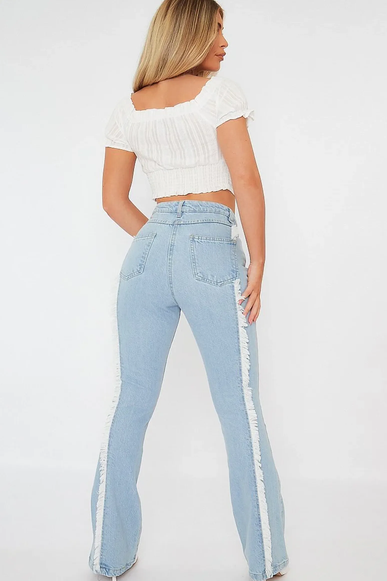 Rebellious Fashion Light Blue Frayed Seam Flare Jeans - Ava