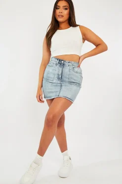 Rebellious Fashion Light Blue Front Pocket Frayed Hem Denim Skirt - Elita
