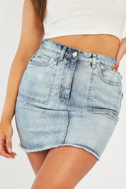 Rebellious Fashion Light Blue Front Pocket Frayed Hem Denim Skirt - Elita