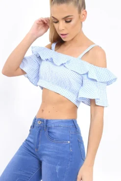 Rebellious Fashion Light Blue Gingham Cold Shoulder Frill Crop Top - Lant