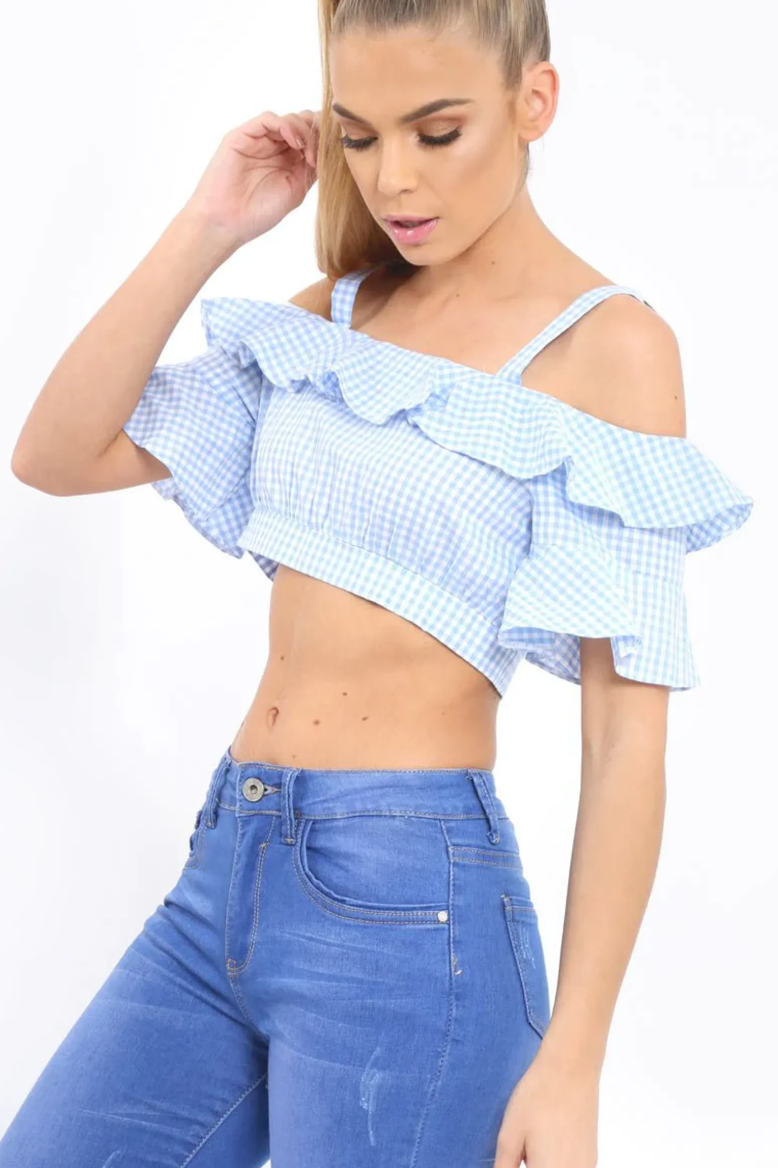 Rebellious Fashion Light Blue Gingham Cold Shoulder Frill Crop Top - Lant