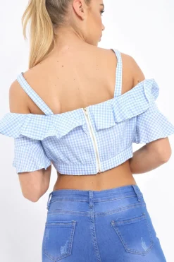 Rebellious Fashion Light Blue Gingham Cold Shoulder Frill Crop Top - Lant