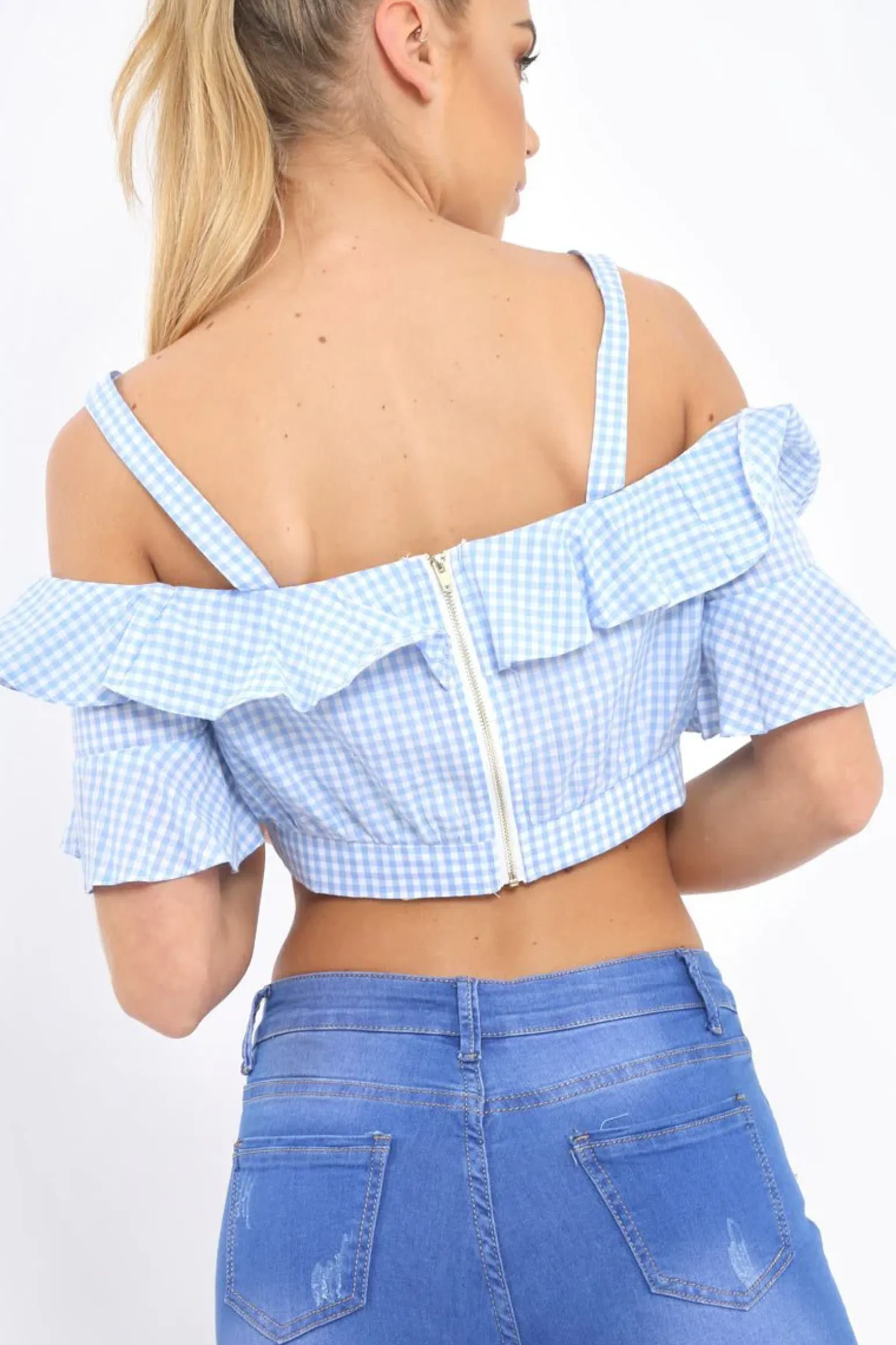 Rebellious Fashion Light Blue Gingham Cold Shoulder Frill Crop Top - Lant