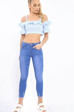 Rebellious Fashion Light Blue Gingham Cold Shoulder Frill Crop Top - Lant