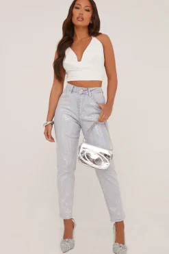 Rebellious Fashion Light Blue Iridescent Detail Straight Leg Jeans - Esmee