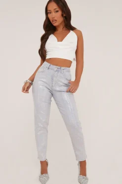Rebellious Fashion Light Blue Iridescent Detail Straight Leg Jeans - Esmee