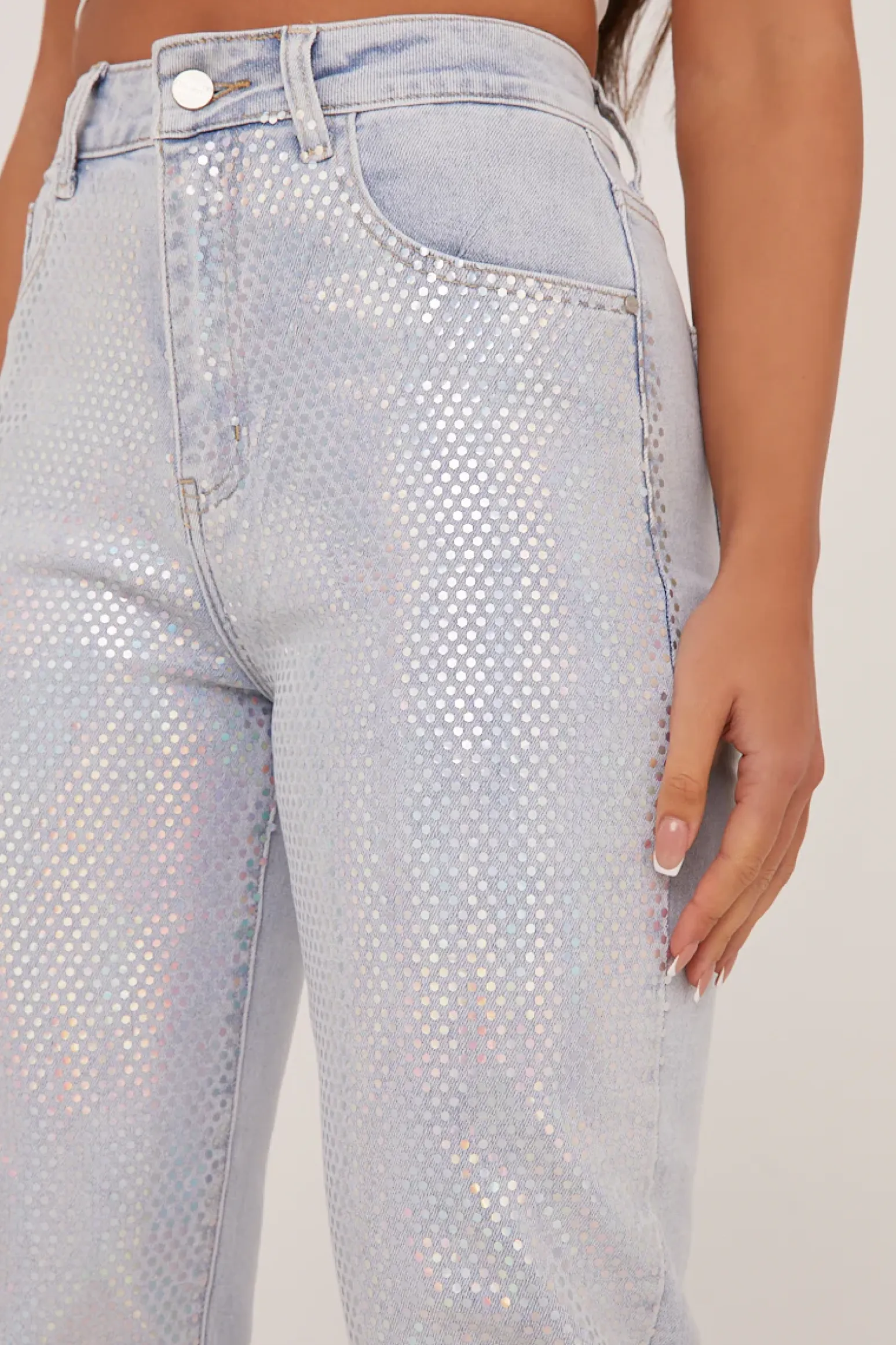 Rebellious Fashion Light Blue Iridescent Detail Straight Leg Jeans - Esmee