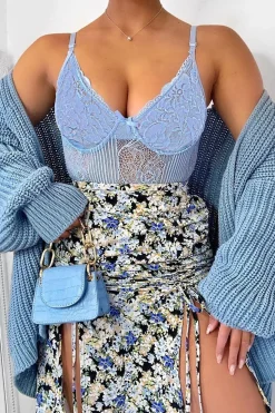 Rebellious Fashion Light Blue Lace Corset Cup Bodysuit - Layne