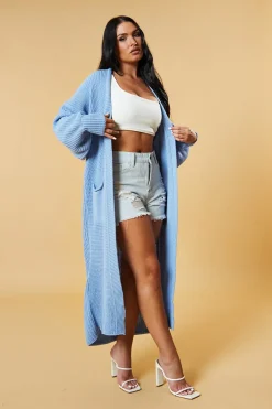 Rebellious Fashion Light Blue Longline Knit Maxi Cardigan - Ema