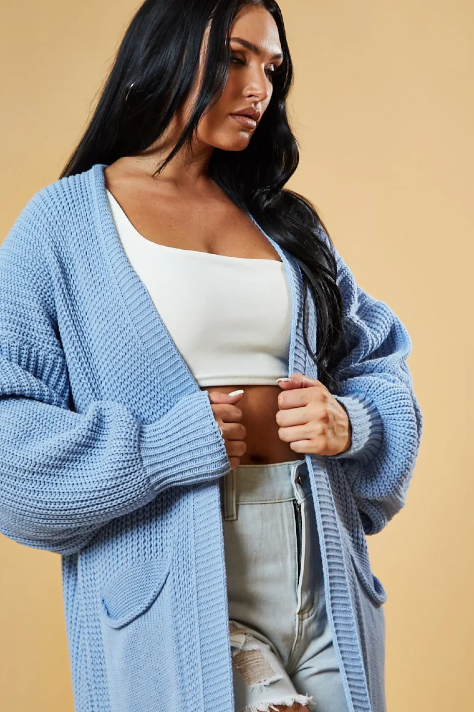 Rebellious Fashion Light Blue Longline Knit Maxi Cardigan - Ema