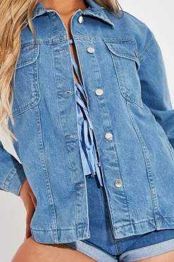 Rebellious Fashion Light Blue Longline Trucker Denim Jacket - Leilana