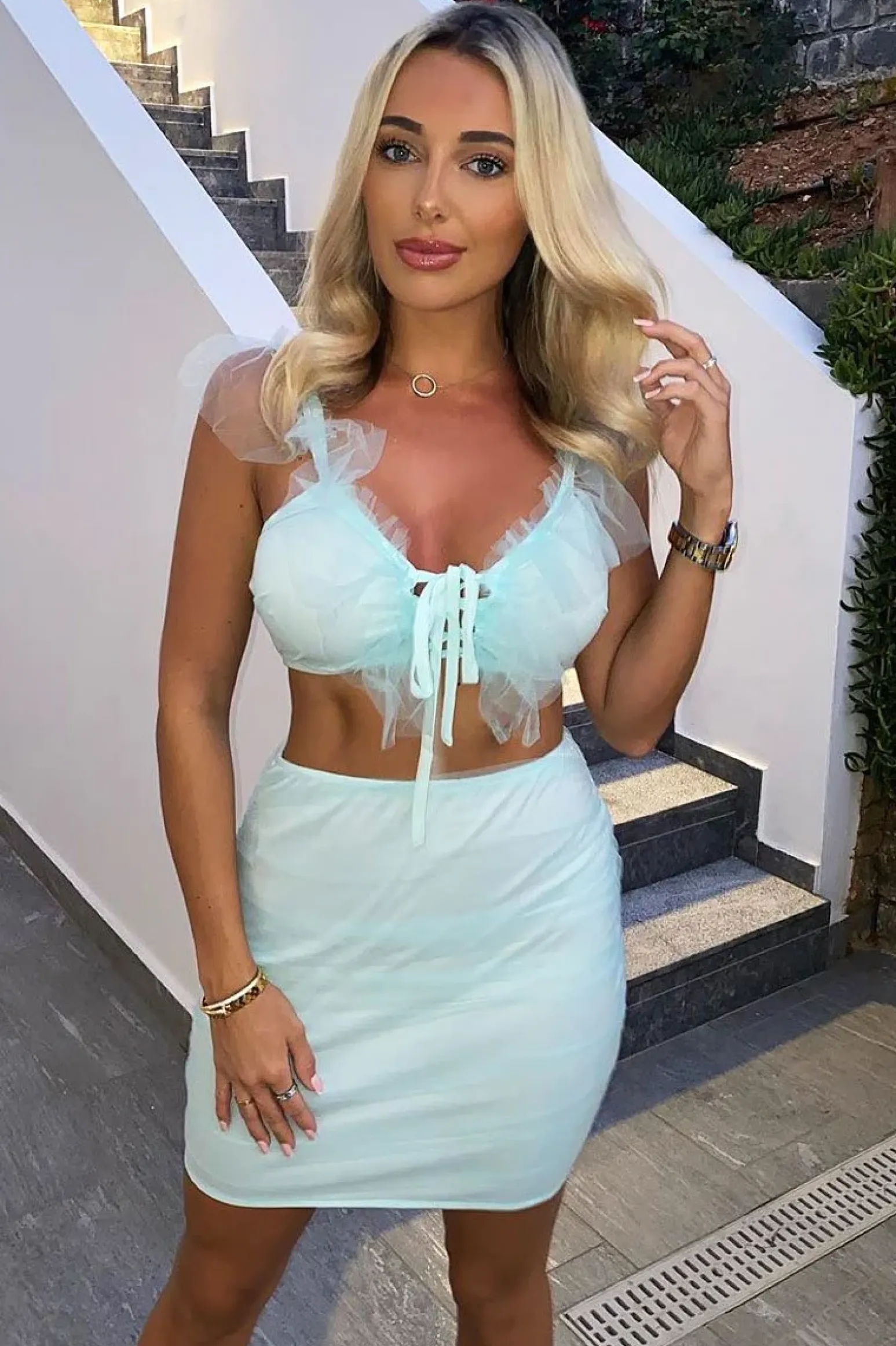 Rebellious Fashion Light Blue Mesh Frill Crop Top + Skirt Co-ord - Pansy