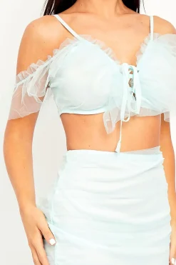 Rebellious Fashion Light Blue Mesh Frill Crop Top + Skirt Co-ord - Pansy