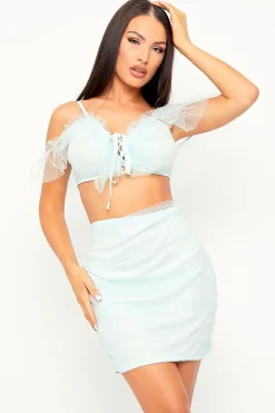 Rebellious Fashion Light Blue Mesh Frill Crop Top + Skirt Co-ord - Pansy
