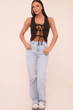 Rebellious Fashion Light Blue Mid Waist Straight Leg Denim Jeans - Maureena