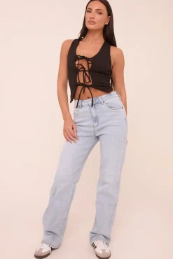 Rebellious Fashion Light Blue Mid Waist Straight Leg Denim Jeans - Maureena