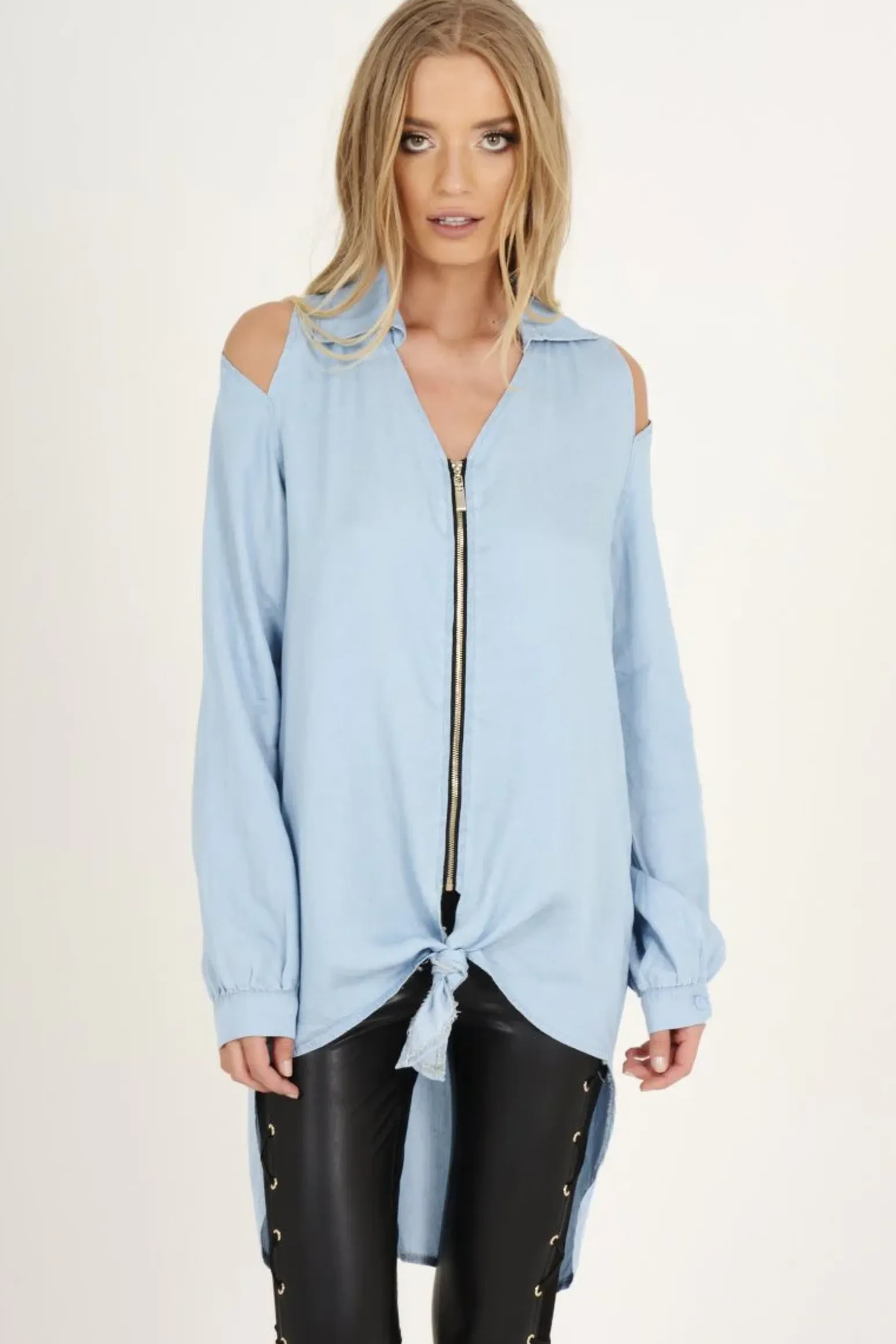 Rebellious Fashion Light Blue Oversized Cold Shoulder Front Zip Shirt - India