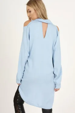 Rebellious Fashion Light Blue Oversized Cold Shoulder Front Zip Shirt - India