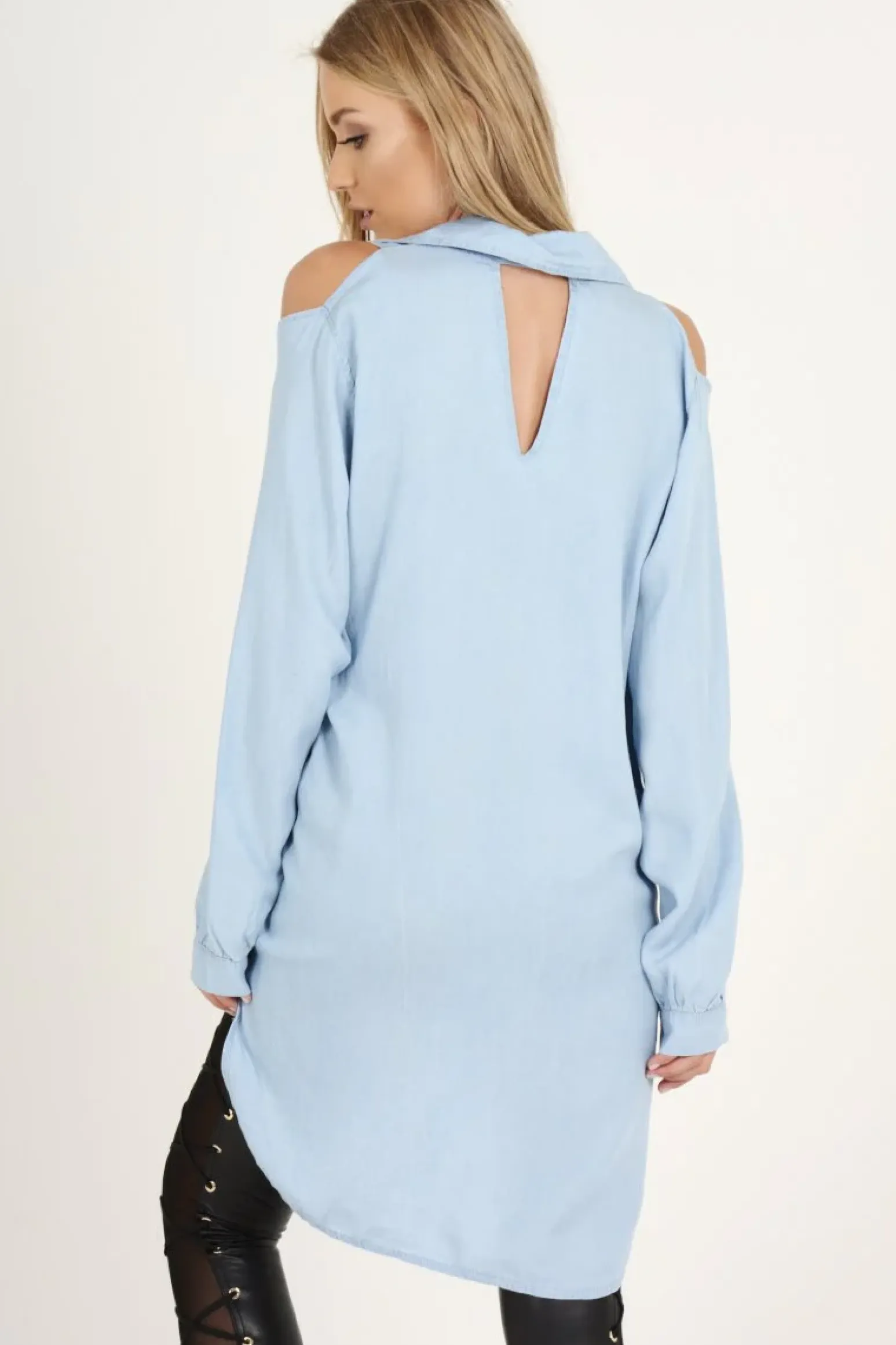 Rebellious Fashion Light Blue Oversized Cold Shoulder Front Zip Shirt - India