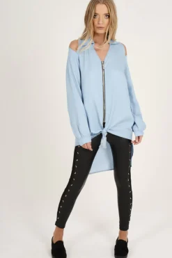 Rebellious Fashion Light Blue Oversized Cold Shoulder Front Zip Shirt - India