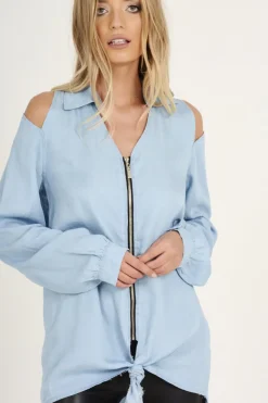 Rebellious Fashion Light Blue Oversized Cold Shoulder Front Zip Shirt - India