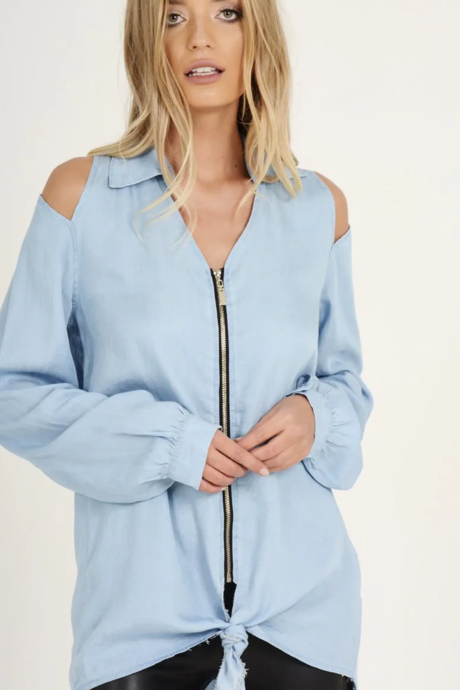 Rebellious Fashion Light Blue Oversized Cold Shoulder Front Zip Shirt - India