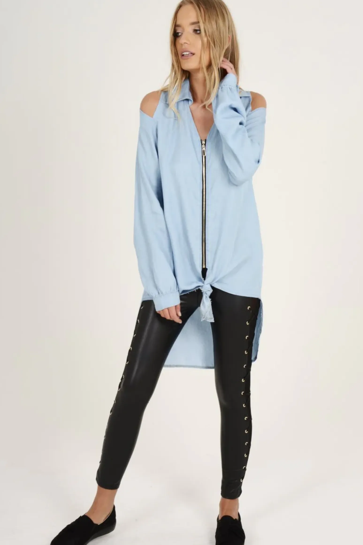 Rebellious Fashion Light Blue Oversized Cold Shoulder Front Zip Shirt - India