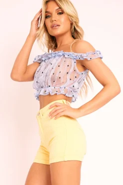 Rebellious Fashion Light Blue Polka Mesh Frill Bardot Crop Top - Wrenlee