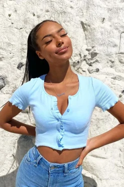 Rebellious Fashion Light Blue Ribbed ButtonFrill Hem Crop Top - Pennie