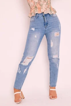 Rebellious Fashion Light Blue Ripped Distress High Rise Mom Jeans - Haylin