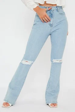Rebellious Fashion Light Blue Ripped Flare Jeans - Elze