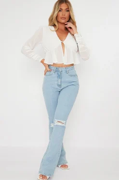 Rebellious Fashion Light Blue Ripped Flare Jeans - Elze