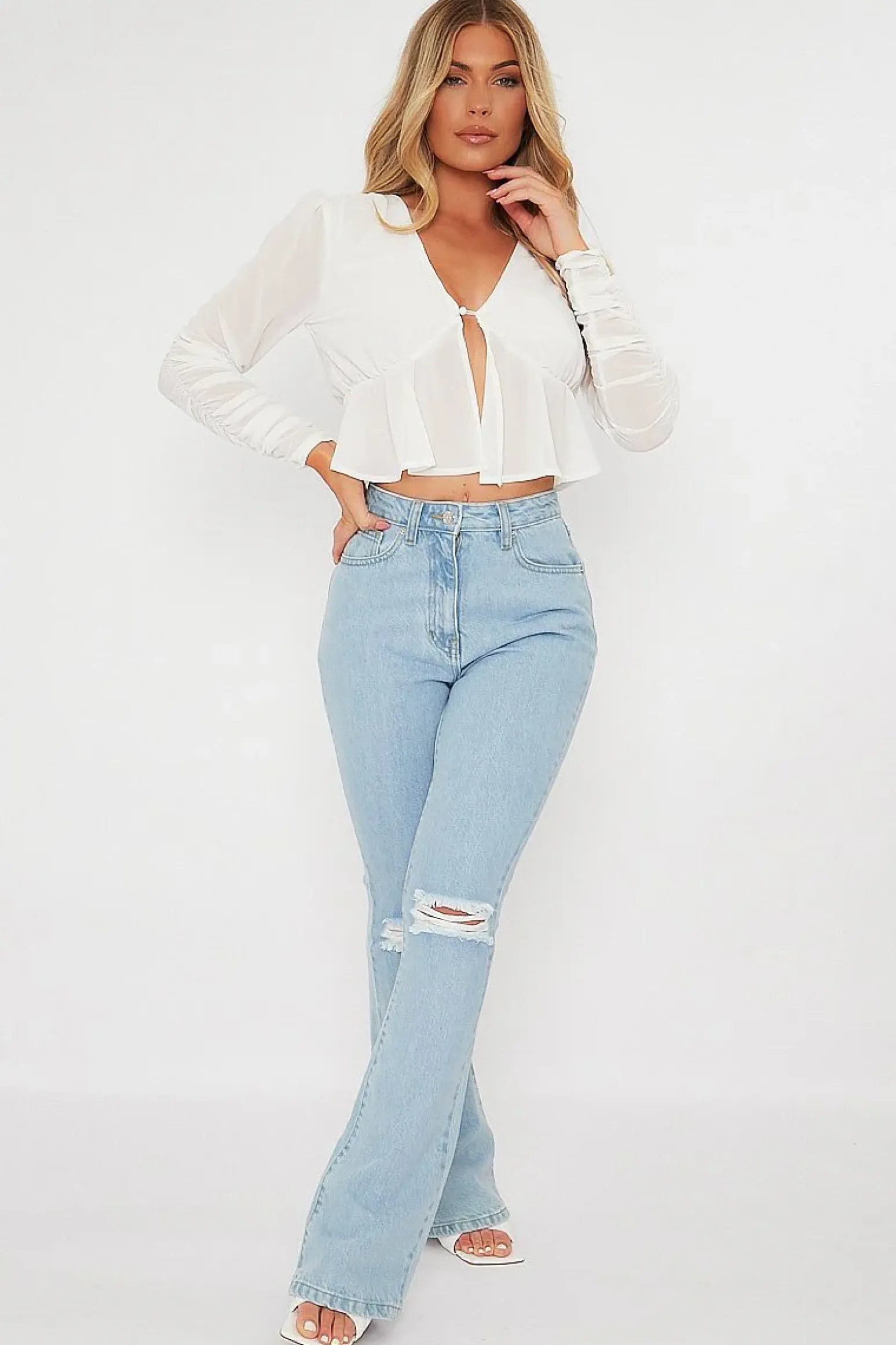 Rebellious Fashion Light Blue Ripped Flare Jeans - Elze