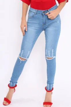 Rebellious Fashion Light Blue Ripped Knees Distressed Skinny Jeans - Elora