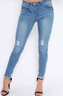 Rebellious Fashion Light Blue Ripped Knees Skinny Jeans - Elsie