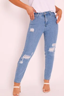 Rebellious Fashion Light Blue Ripped Slim Fit Mom Jeans - Lola