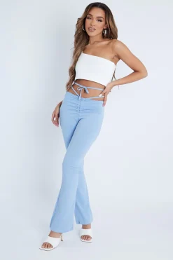 Rebellious Fashion Light Blue Ruched Waist Flare Trousers - Avanni
