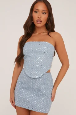 Rebellious Fashion Light Blue Sequin Detail Cropped Top & Mini Skirt Co-ord Set - Innes