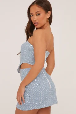 Rebellious Fashion Light Blue Sequin Detail Cropped Top & Mini Skirt Co-ord Set - Innes
