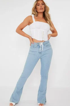 Rebellious Fashion Light Blue Split Hem Flare Jeans - Ivara