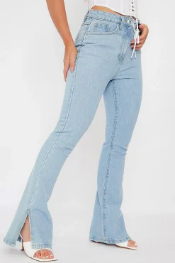 Rebellious Fashion Light Blue Split Hem Flare Jeans - Ivara