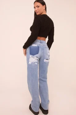 Rebellious Fashion Light Blue Stretch Distressed Mid Waist Straight Leg Jeans - Annette