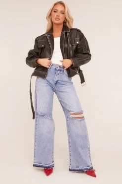 Rebellious Fashion Light Blue Stretch Distressed Wide Leg Jeans - Bluebell