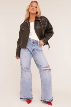 Rebellious Fashion Light Blue Stretch Distressed Wide Leg Jeans - Bluebell