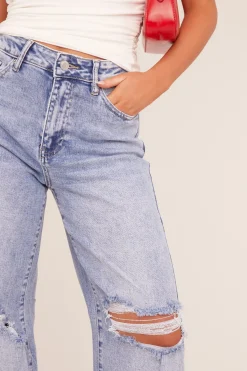 Rebellious Fashion Light Blue Stretch Distressed Wide Leg Jeans - Bluebell
