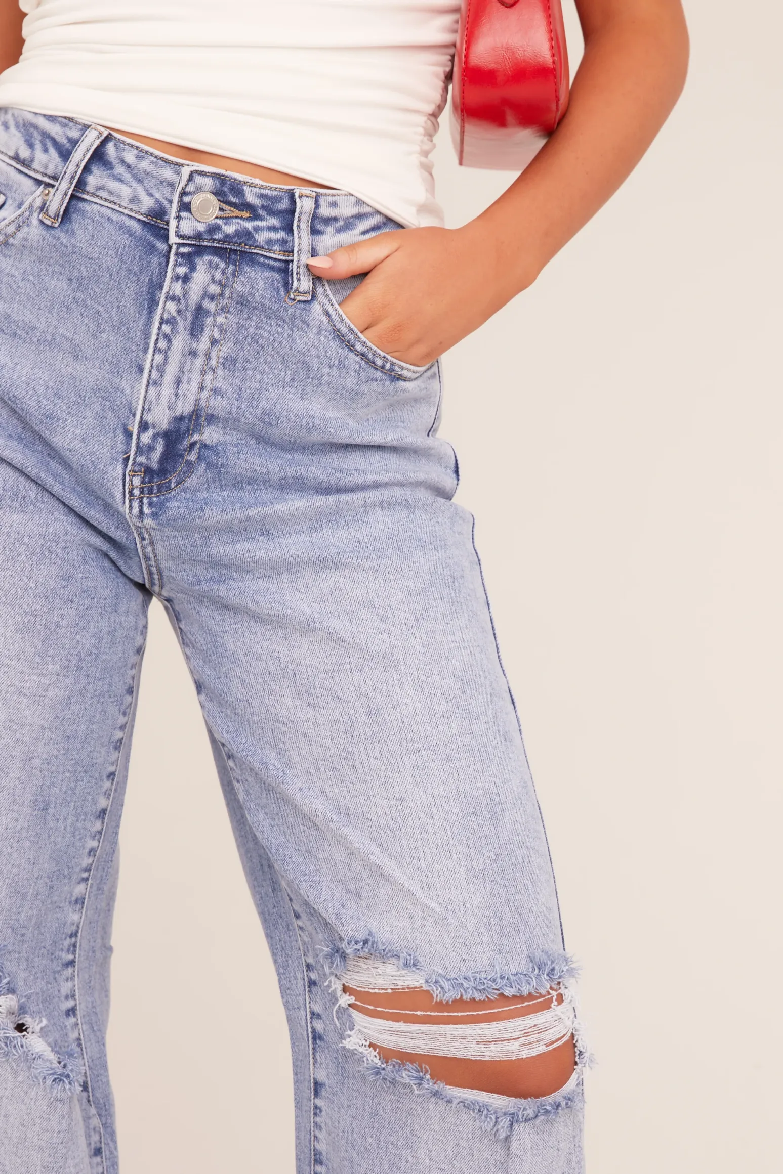 Rebellious Fashion Light Blue Stretch Distressed Wide Leg Jeans - Bluebell